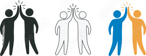 Three variations of a celebration depicting people raising hands in joyful agreement
