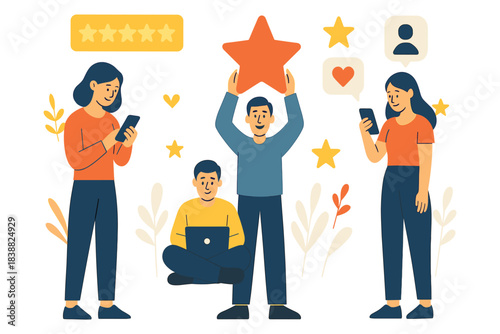 People using devices and holding star symbol to represent positive rating satisfaction and quality feedback concept, flat vector illustration
