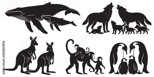 Collection of black silhouettes of animal families, showcasing parental care and offspring in various species like whales, wolves, kangaroos, monkeys, and penguins.