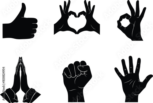 Diverse hand gesture silhouettes thumbs up heart shape ok prayer fist and open palm for communication and expression in black and white