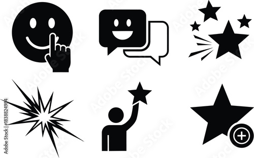 Set of black and white feedback icons depicting customer satisfaction ratings and reviews for business and service quality improvement
