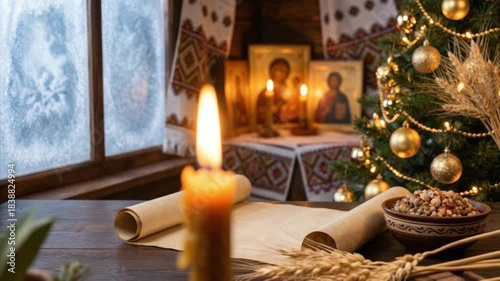A warm and inviting indoor scene featuring a glowing candle on a rustic wooden table. A frosted window suggests a cold winter outside, contrasting with the cozy interior. The background reveals a beau