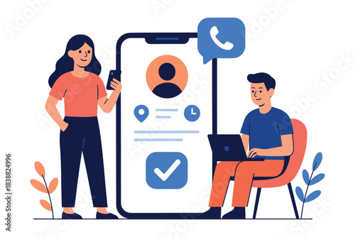 People using smartphone and laptop with large mobile profile screen and communication icons, flat vector illustration