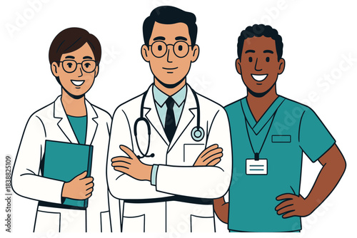 Professional medical team standing together with confident expressions representing healthcare support and teamwork, flat vector illustration