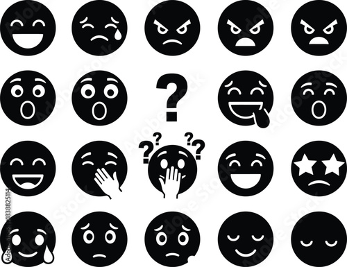 Collection of black and white emoji icons expressing various emotions and feelings including happiness sadness anger and confusion
