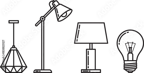 Line art collection of various lighting fixtures including pendant lamps table lamps and light bulbs