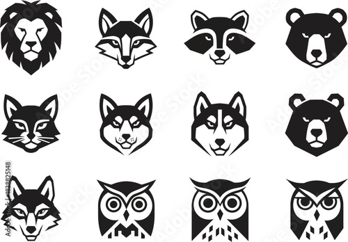 Collection of twelve animal heads in black and white style featuring lion fox raccoon bear cat husky owl and wolf for logo or design