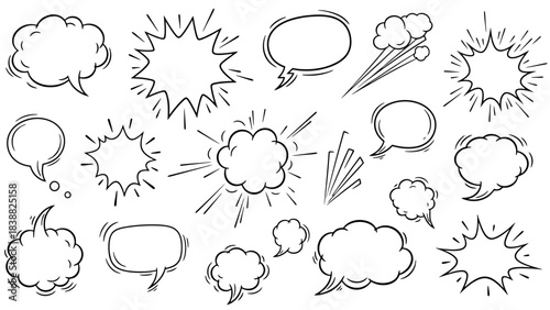 Collection of hand-drawn comic book speech and thought bubbles for dialogue and text