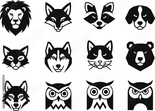 Collection of twelve stylized animal heads in black and white featuring a lion fox raccoon dog cat husky and various owl designs