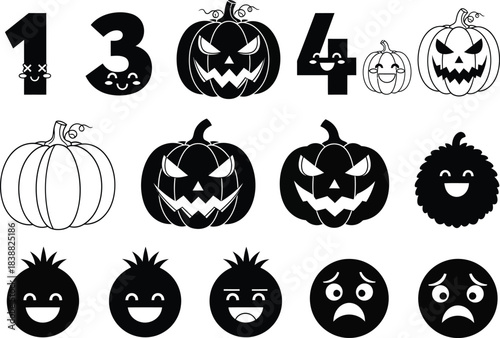 Halloween pumpkin patch a collection of hand drawn jack o lanterns and numbered elements in black and white for spooky season