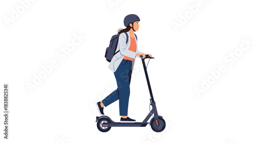 Flat Vector Cyclist Commuter, Asian Business Woman on Electric Scooter, Sustainable Transport Entourage, Architectural Visualization Human Scale.