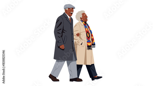 Flat vector illustration, architectural entourage style, elderly African American couple walking arm in arm, laughing heartily, smart casual autumn city clothing, man in wool coat and flat cap, woman.