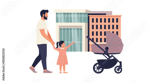 Flat Vector Family Walking, Hispanic Father with Stroller and Child, Diverse Parenting Entourage for Public Space Rendering, Architectural Visualization.