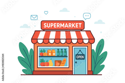 Small supermarket shop exterior with food items in window and open sign showing local grocery market scene, flat vector illustration