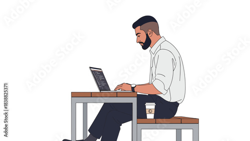 Flat Vector Man Sitting with Laptop, Middle Eastern Freelancer Working Remotely, Urban Furniture Entourage, Architectural Rendering Human Scale.