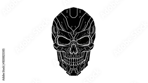 Black and white illustration of a skull with a futuristic metallic design on a plain