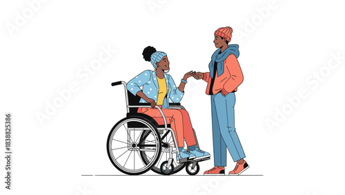 Flat Vector Wheelchair User, Diverse Woman with Disability, Accessible Urban Design Entourage, Architectural Rendering Inclusivity.