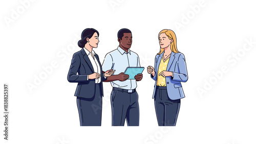 Flat vector illustration, architectural entourage, diverse group of three business people standing and talking, East Asian woman in suit, Black man holding tablet, White woman in business casual.