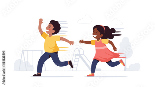 Flat Vector Playing Children, Diverse Kids Running, Playground Entourage, Architectural Rendering School Park.