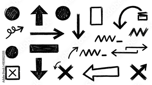 Set of Hand Drawn Arrows and Geometric Shapes in Black and White