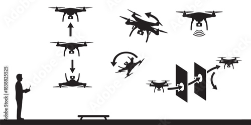 Diagram illustrating various drone operations including takeoff, landing, rotation, and navigation through obstacles.