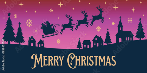 Silhouette of Santa Claus in his sleigh pulled by reindeer over a village at Christmas.