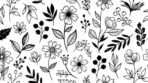 Hand Drawn Floral Seamless Pattern, Botanical Sketch Vector Art with Flowers and Leaves
