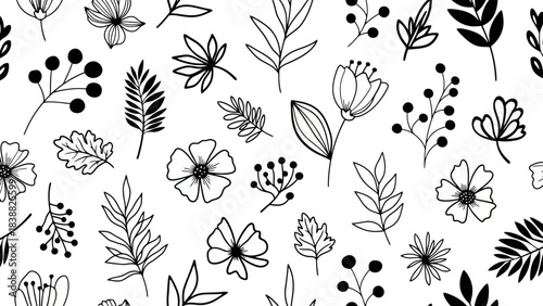 Seamless pattern of hand-drawn delicate floral elements and leaves, black and white.