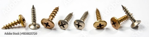 Assortment of self-tapping wood screws, white backdrop , macro, home improvement