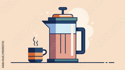 A coffee pot with a cup of coffee next to it. The coffee pot is a French press and the cup is a ceramic mug. Concept of warmth and comfort, as the coffee pot
