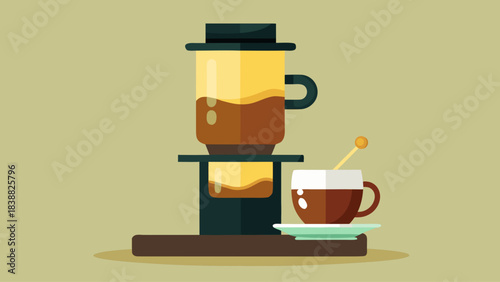 A coffee maker with a cup of coffee on a plate. The coffee maker is on a wooden table