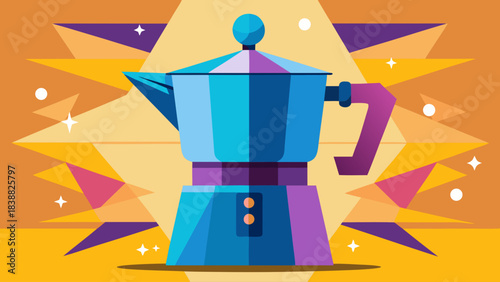 A blue coffee pot with a blue handle sits on a yellow background. The coffee pot is surrounded by a colorful pattern, giving the image a vibrant and lively feel