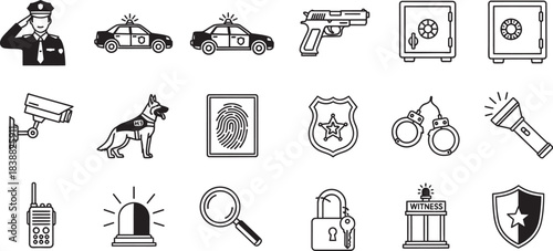 Crime investigation collection black and white icons depicting tools and elements of law enforcement
