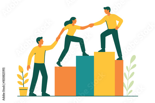 Team helping each other climb rising blocks for progress and support, flat vector illustration