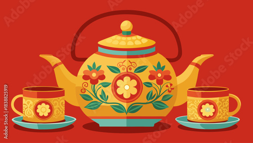 A yellow tea set with a floral design sits on a red background. There are two cups and a teapot