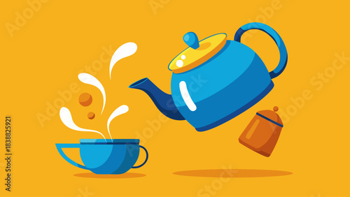 A blue teapot is pouring tea into a cup. The teapot is in the air and the cup is on the ground