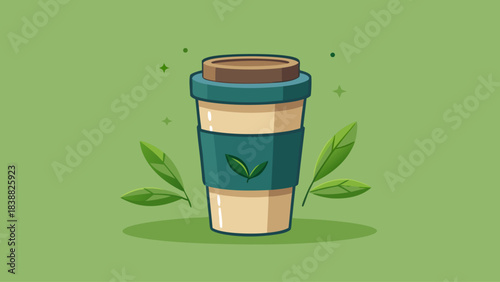 A coffee cup with a green lid and a leaf on it. The cup is sitting on a green background