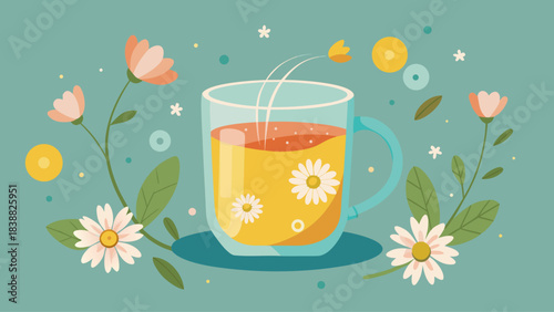 A cup of tea with flowers on the side. The flowers are yellow and pink