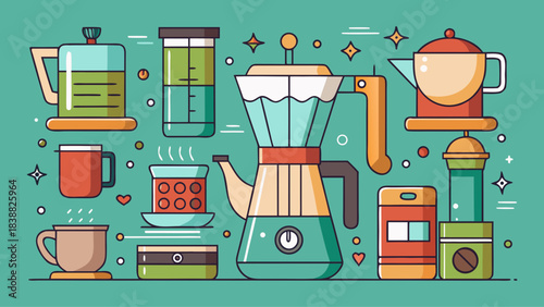 A colorful illustration of various kitchen appliances and utensils, including a coffee maker, a tea kettle, a coffee pot, a coffee grinder, a coffee maker, a coffee maker, a coffee maker, a coffee mak
