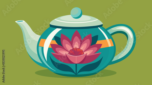 A teapot with a flower design on it. The flower is pink and the teapot is blue