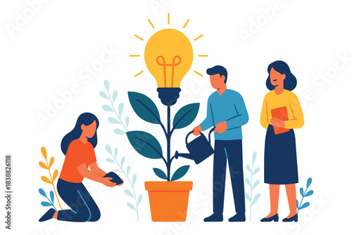 Team of people growing plant with glowing light bulb, symbolizing creativity, innovation, teamwork, and development of new ideas for success, Flat Vector Illustration