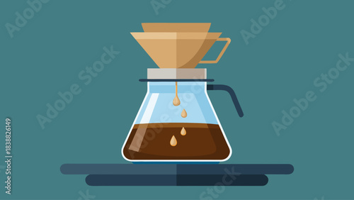 A coffee filter sits on a table with a glass of coffee in it. The coffee is brown and has a rich aroma. Concept of relaxation and comfort, as coffee is often associated with taking a break