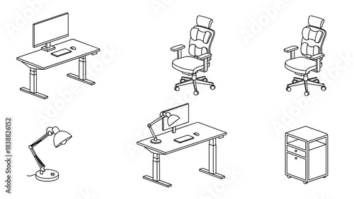 Home Office Furniture Icons Vector Set, Ergonomic Desk and Chair Top View and Elevation, Workspace Architectural Plan Elements