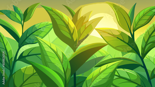 A lush green field with a sun shining on it. The sun is in the background and the leaves are in the foreground