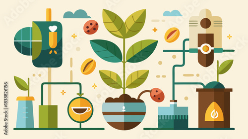 A coffee plant with a coffee maker and a coffee grinder. The coffee maker is located on the left side of the plant, while the grinder is situated on the right side