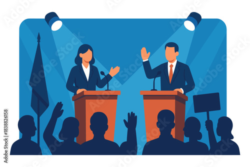 Two speakers debating on stage behind podiums under bright spotlights, audience watching public discussion event representing communication and leadership, Flat Vector Illustration