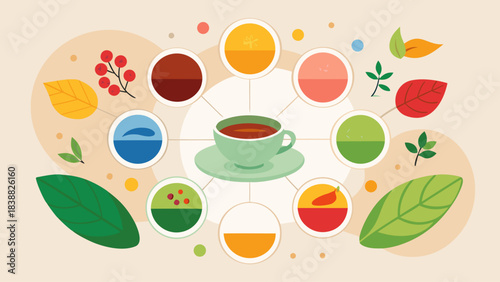 A colorful illustration of a cup with a leaf on it. The cup is surrounded by a circle of different colored circles, each representing a different type of tea. Concept of a variety of tea options