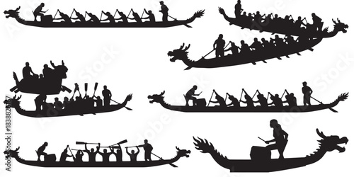 Collection of Silhouettes of Dragon Boats with Paddlers and Drummers in Action.