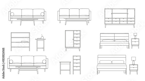 Japandi Bedroom Furniture Elevation Vector, Low Profile Bed and Wardrobe Line Art, Minimalist Interior Design Elements Front View