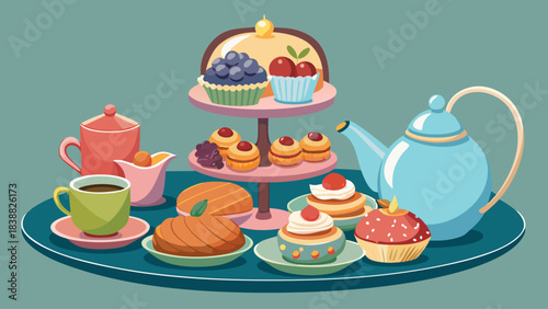 A table with a variety of pastries and a teapot. Scene is warm and inviting, as it seems to be a gathering of friends or family enjoying a tea party